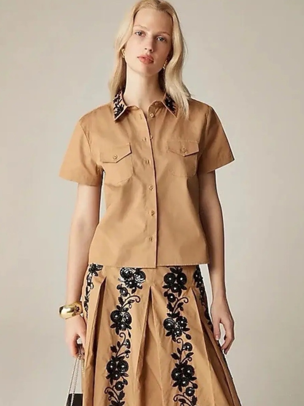 J. Crew Collection Tan Short Sleeve Crop Shirt with Black Beaded Collar 4